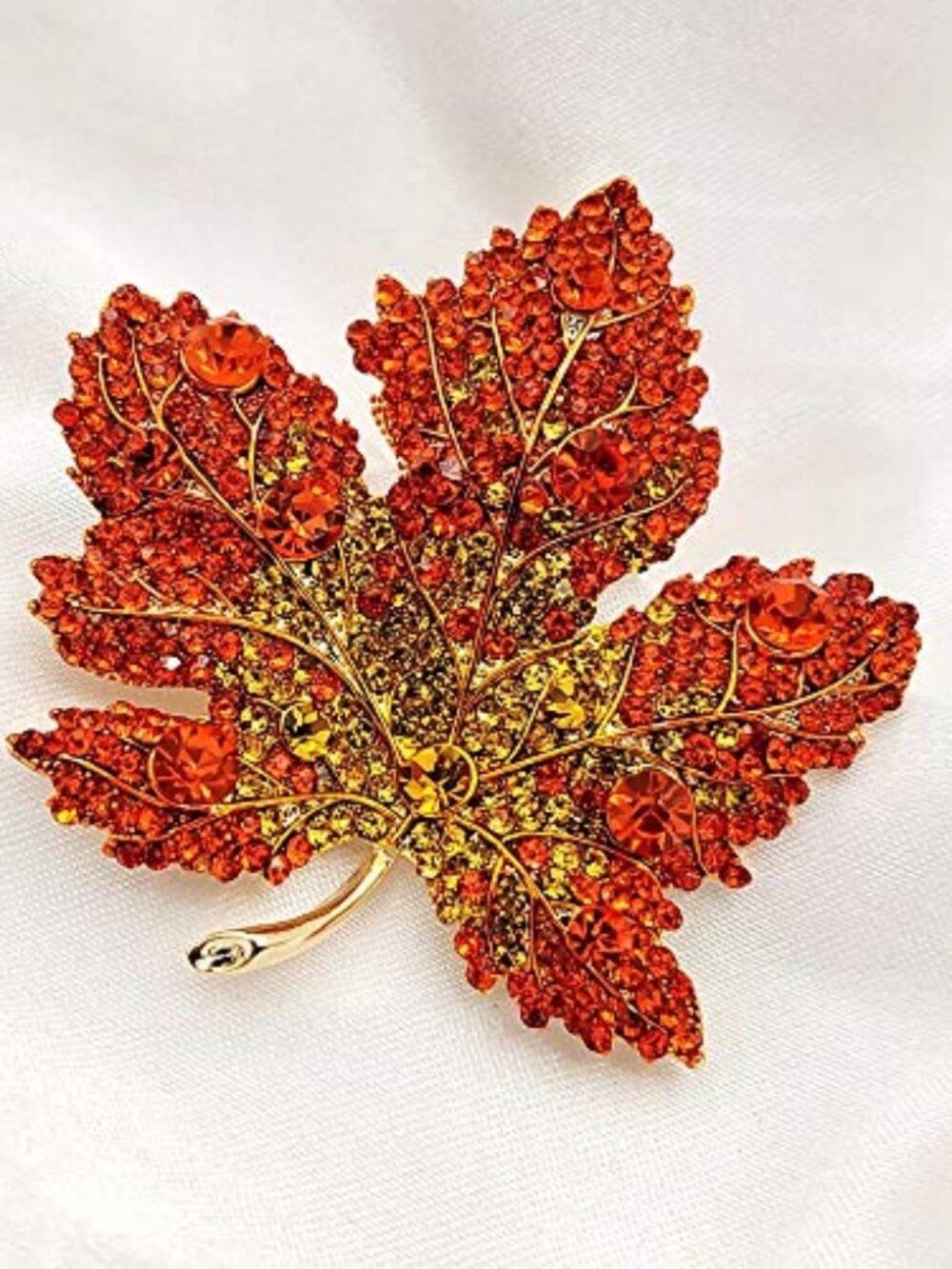 Vintage Stylish Full‎ Micro Pave Yellow Orange Red Crystal Big Maple Leaf Brooch